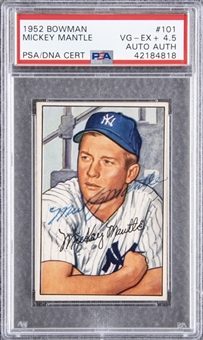 1952 Bowman #101 Mickey Mantle Signed Card – PSA VG-EX+ 4.5, PSA/DNA Authentic – An Incredibly Scarce Rookie Era Signature!